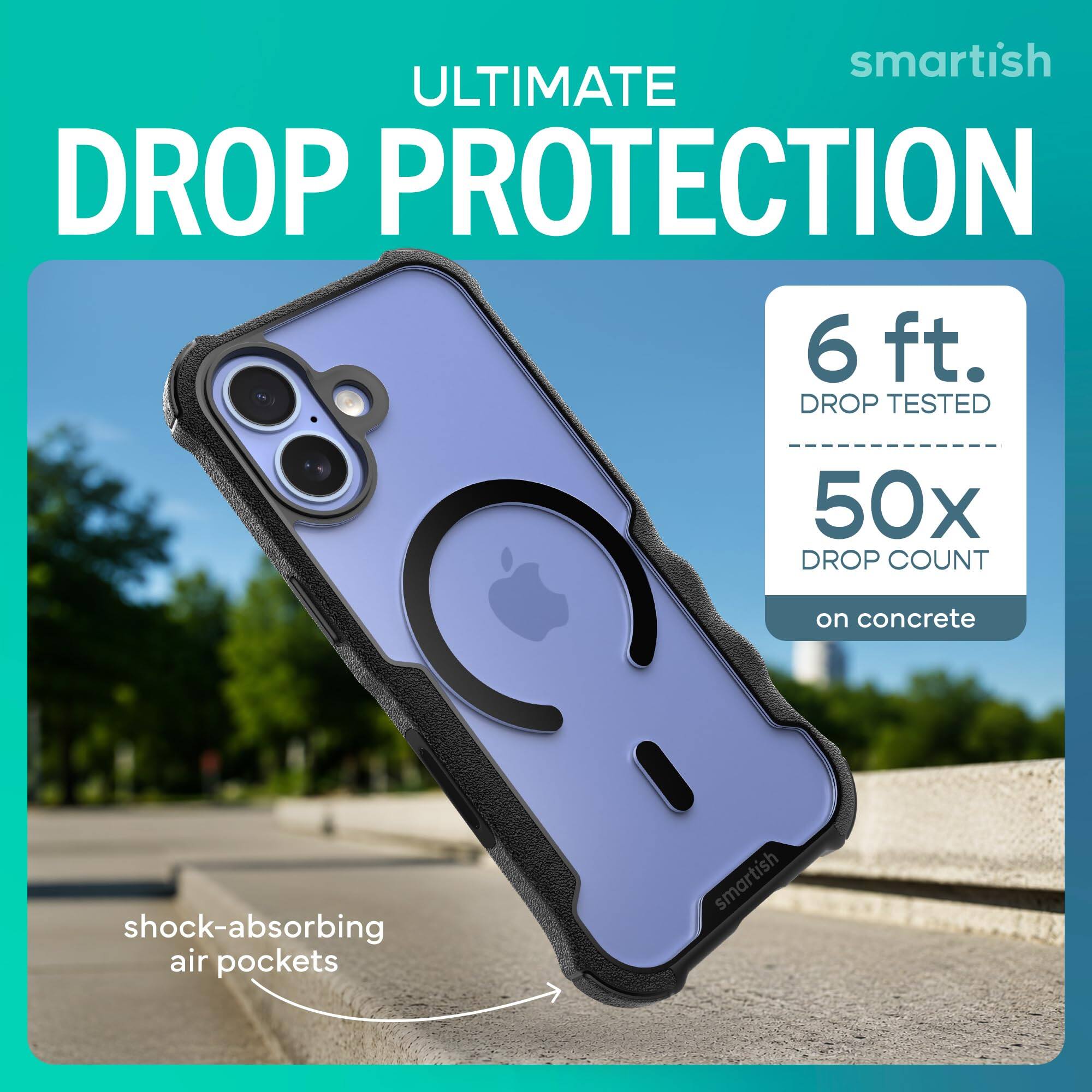smartish ULTIMATE DROP PROTECTION  
6 ft. DROP TESTED  
50x DROP COUNT  
on concrete  
shock-absorbing air pockets  
smartish