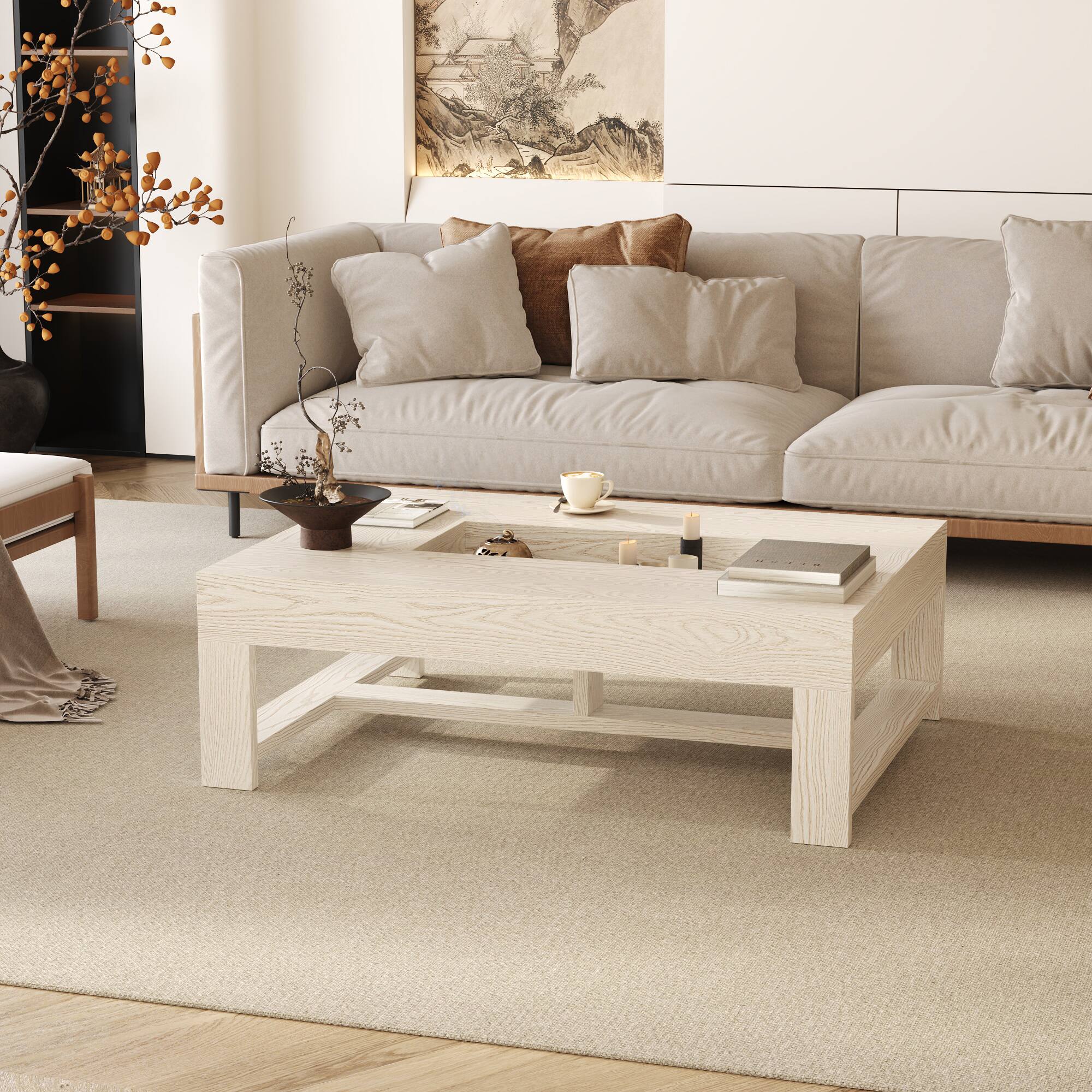 Alt View 5. FUFU & GAGA - Wood Grain Hollow Coffee Table with Central Storage and Minimalist Frame for Living Room - Off-White.