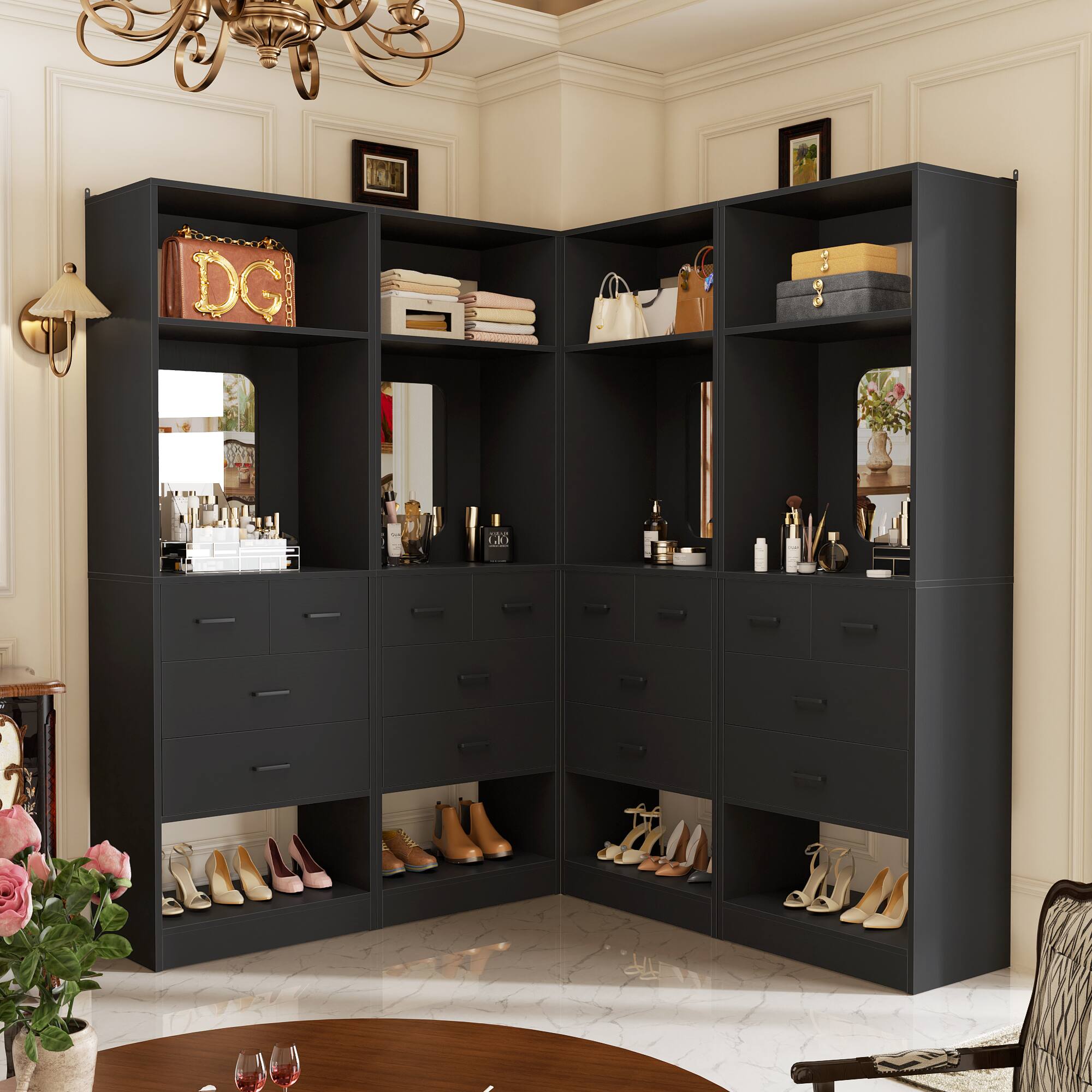 Alt View 3. Aheaplus - 100 Inch Sturdy Wardrobe System with 16 Drawers and Mirrors, Modular Closet System for Closet/Bedroom - Black.