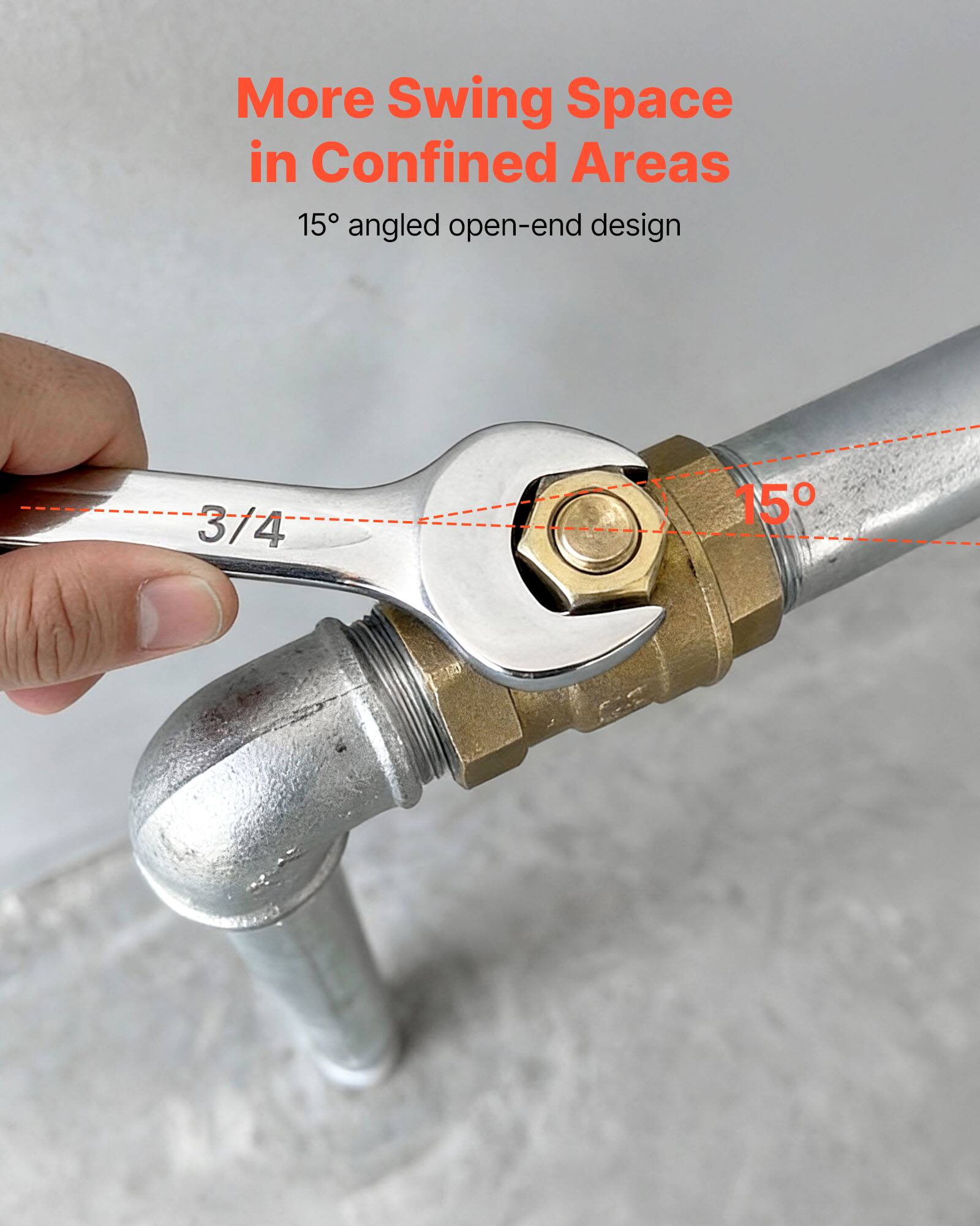 More Swing Space in Confined Areas  
15° angled open-end design  
3/4  
15°
