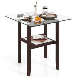 Gymax - 24'' Square Glass Side Table w/Storage Shelf & Rubber Wood Frame for Living Room - Transparent, Brown