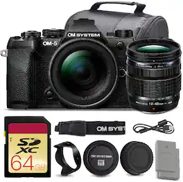 Bundle - OM System - OM-5 Mark II Mirrorless Camera with 12-45mm f/4 PRO Lens + 64GB Card + Battery - Black Advanced
