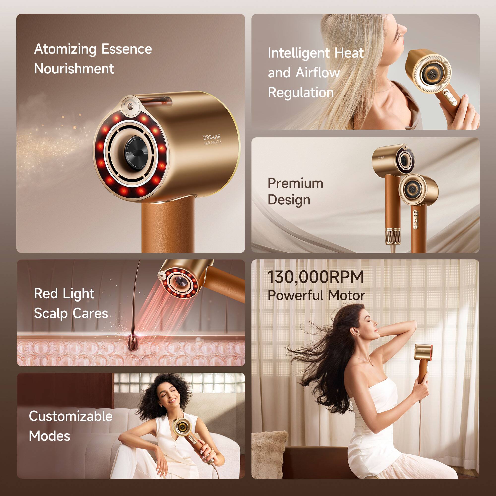 - Atomizing Essence Nourishment
- Intelligent Heat and Airflow Regulation
- Premium Design
- Red Light Scalp Cares
- Customizable Modes
- 130,000RPM Powerful Motor