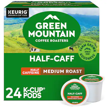 OE S5SSS. - HALF-CAFF NEPEINE - BOEEE KEURIG GENUINE K-CUP PODS GREEN MOUNTAIN COFFEE ROASTERS FARM SINCE GROWN 1981 HALF-CAFF COODNESS HALF CAFFEINE MEDIUM ROAST GREEN - 00D.E ...... HALF-CAFF Os P. | | ! ...... | K-CUP 24 PODS GREEN MOUNTAIN COFFEE ROASTERS HALF-CAFF HALF CAFFEINE MEDIUM ROAST COFFEE KEURIG