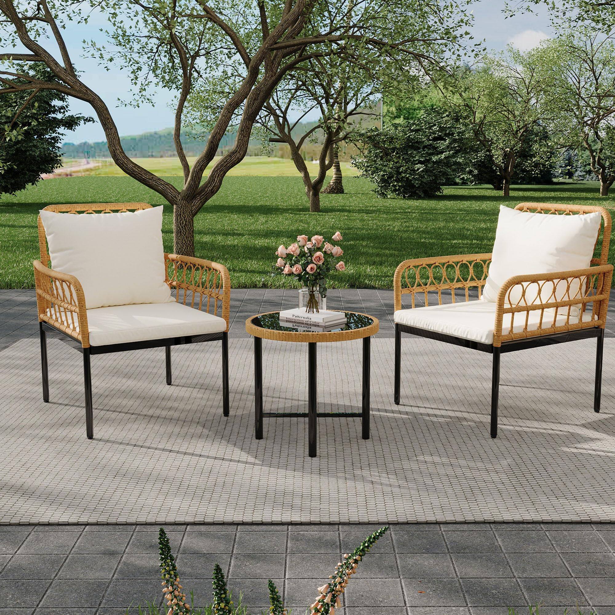 Front. Homhougo - 3 Pieces Outdoor Wicker Patio Conversation Bistro Set - Beige.