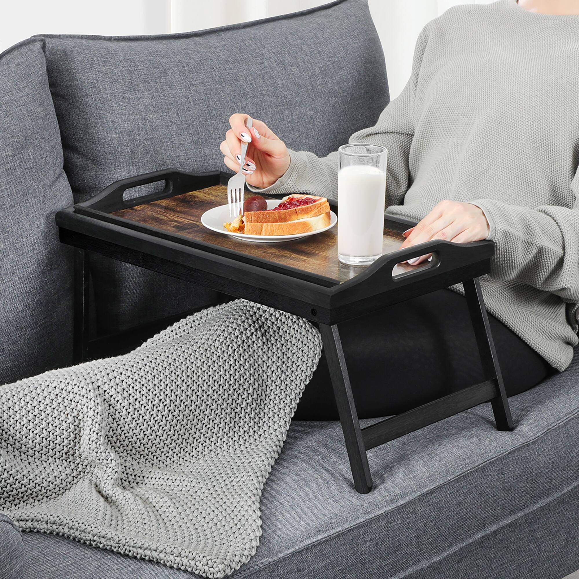 Left. Songmics Home - Bed Tray Table with Bamboo Folding Legs, Sofa Breakfast Tray, Serving Tray with Groove for Phone Tablet - Rustic Dark Brown.
