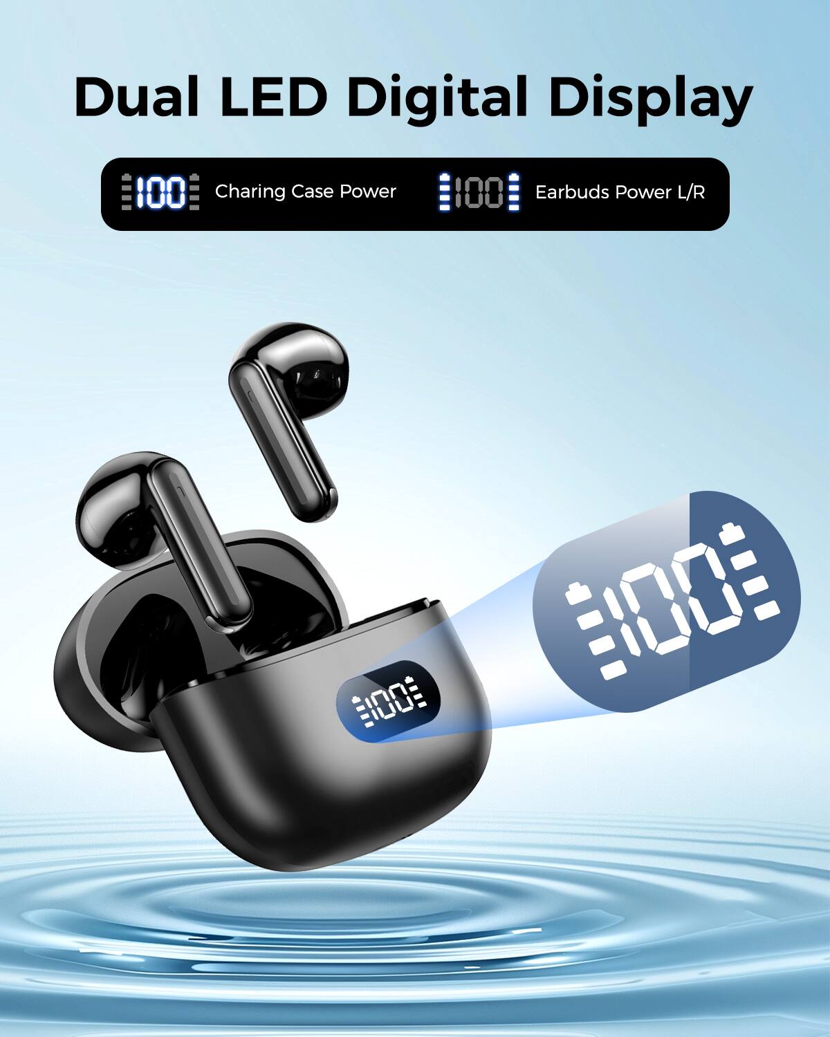 Dual LED Digital Display

100 Charging Case Power

100 Earbuds Power L/R