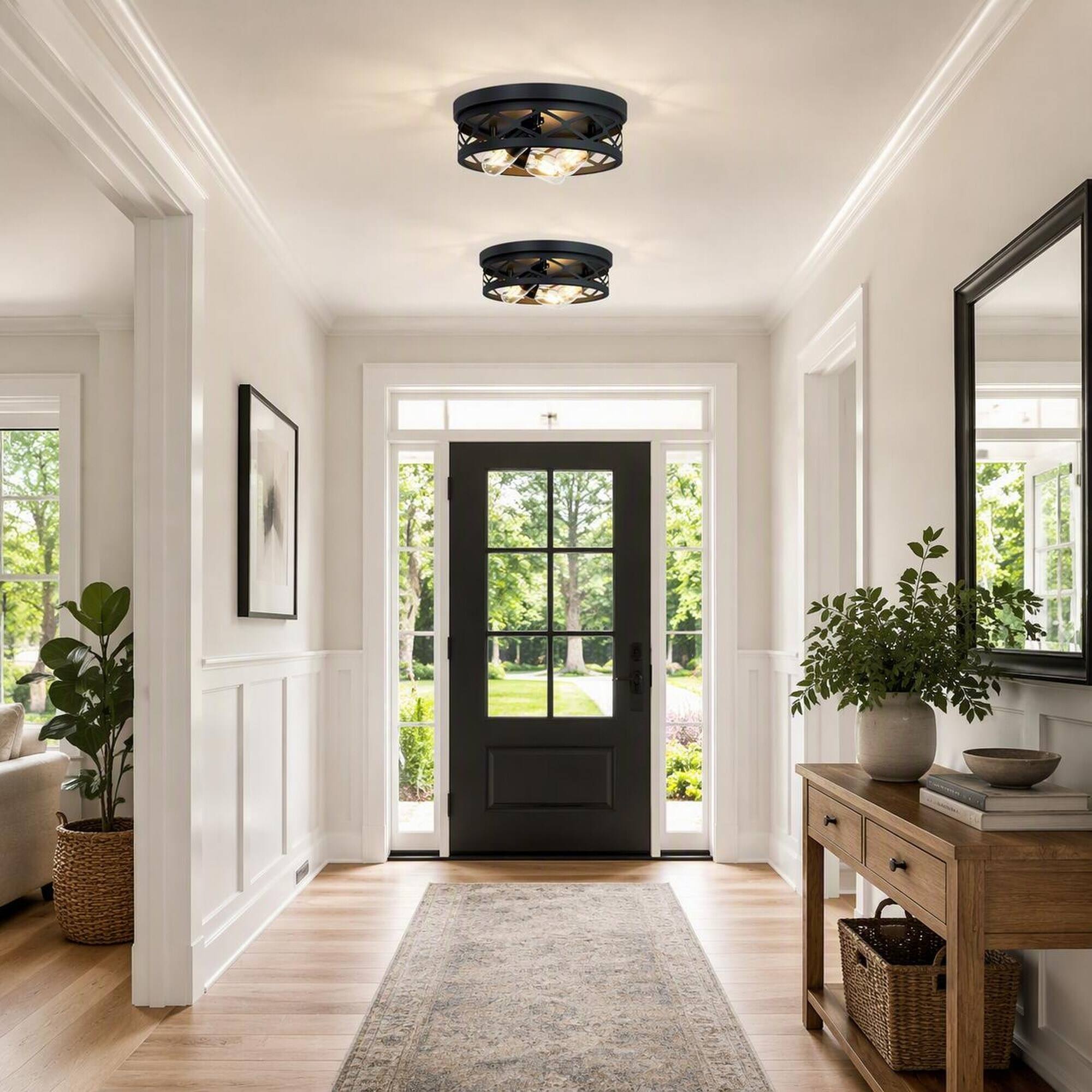 Left. RYHNUYNE - 2-Pack Round Matte Black Flush Mount Ceiling Light – 3-Light Industrial Cage Fixture for Hallway, Kitchen, Bedroom.