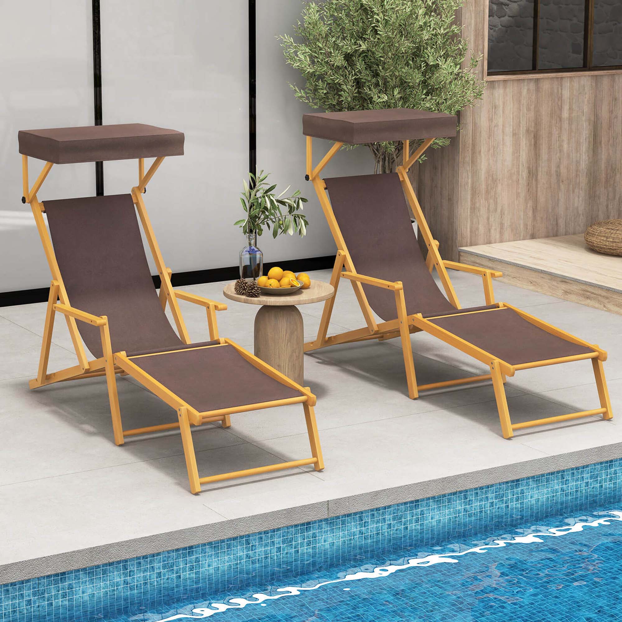 Alt View 3. Costway - Costway Birch Wood Chaise Lounge Chair with Adjustable Canopy Reclining Backrest & Footrest - Brown.