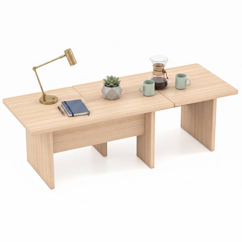 Left. WELLFOR - Modular Coffee Table Set of , Modern Design L Shaped Center Tables with Compact Side Table Option - Oak.