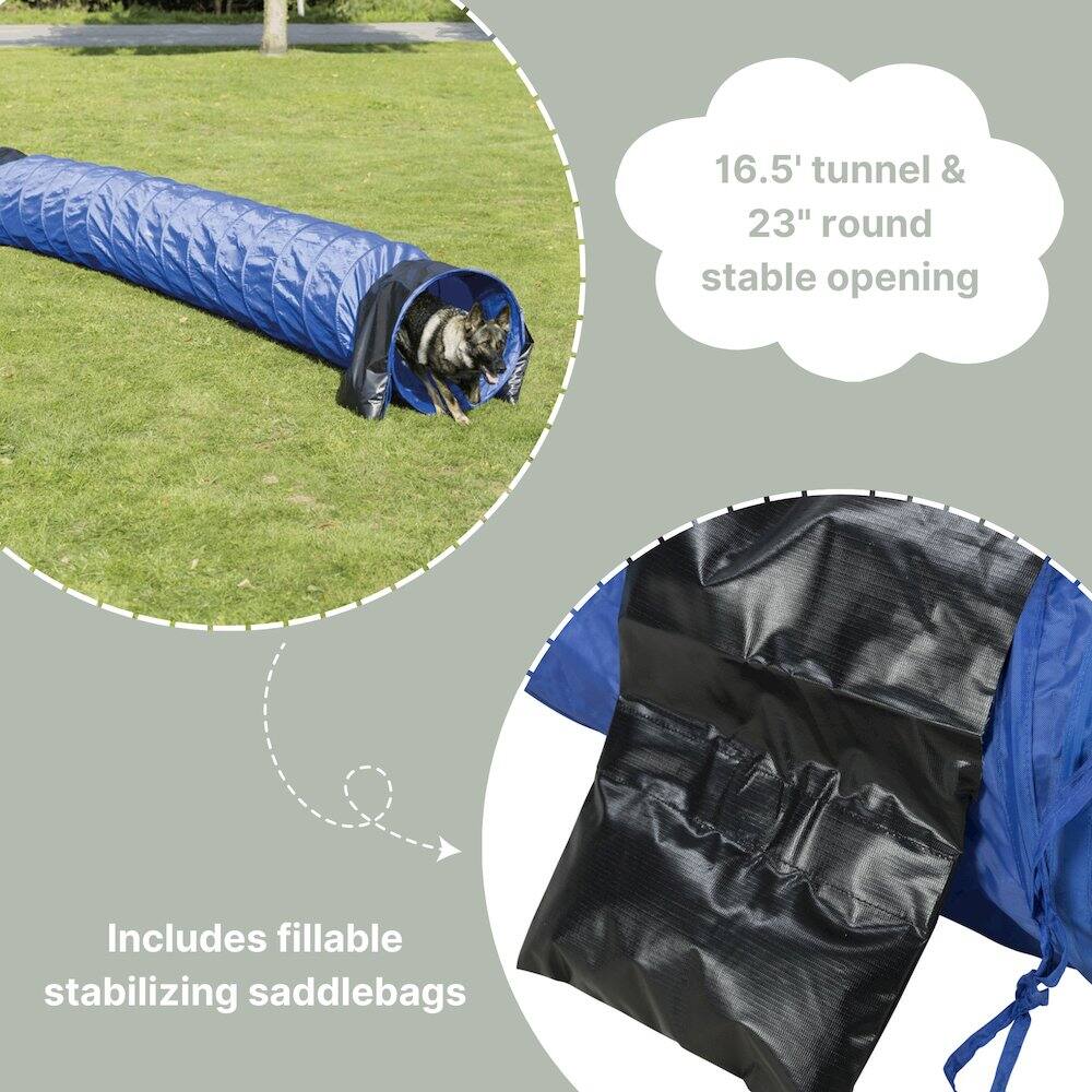 16.5' tunnel & 23" round stable opening  
Includes fillable stabilizing saddlebags