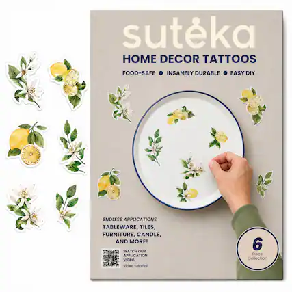 suteka HOME DECOR TATTOOS FOOD-SAFE INSANELY DURABLE EASY DIY ENDLESS APPLICATIONS TABLEWARE, TILES, FURNITURE, CANDLE, AND MORE! WATCH OUR APPLICATION VIDEO video tutorial 6 Piece Collection