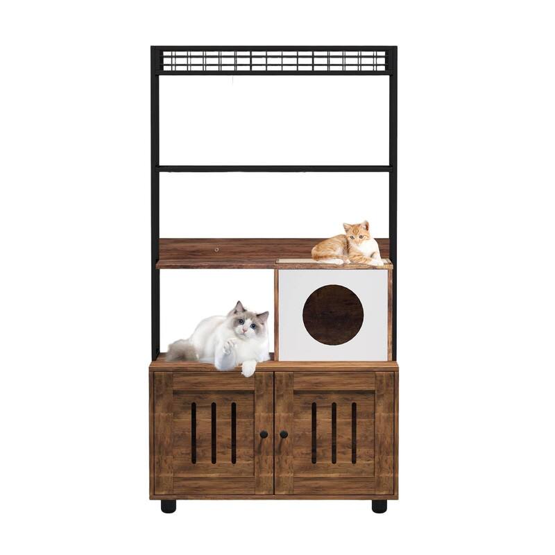 Alt View 5. GARVEE - Large Cat Litter Box Enclosure with Shelf, Multi-Functional Wooden Cabinet w/Cat Condo, Sisal Hammock & Play Ball - Brown.