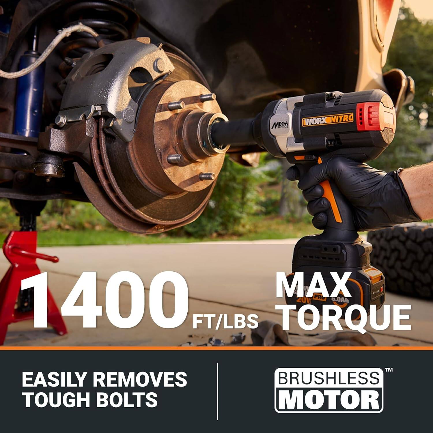 I WORX NITRO MEA MAX PRC 1400 Z0V 5.0Ah FT/LBS TORQUE EASILY REMOVES TOUGH BOLTS TM BRUSHLESS MOTOR