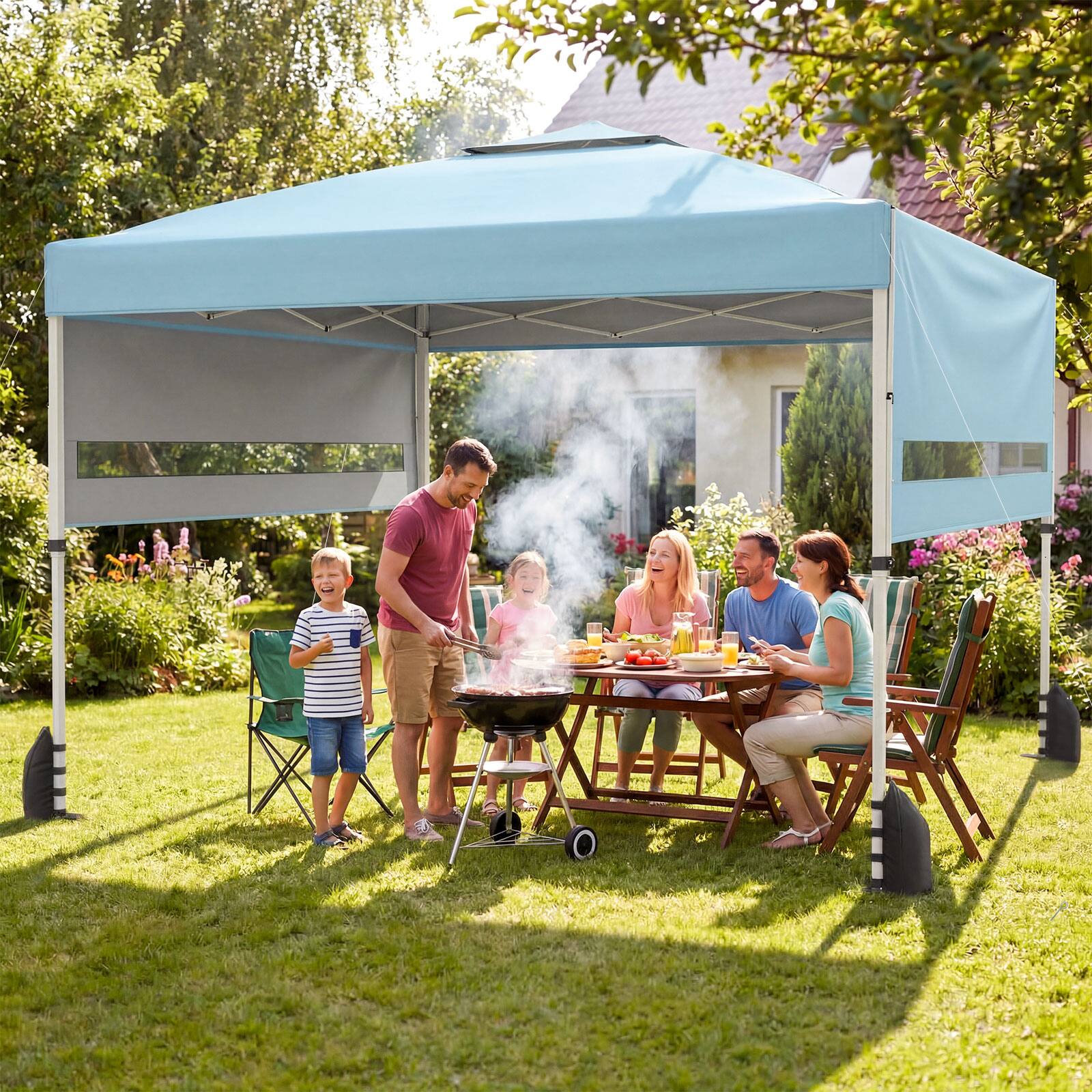 Alt View 1. Costway - Costway 10x17 FT Pop Up Canopy Tent with Dual Adjustable Awnings, Silver-Coated Fabric - Blue.