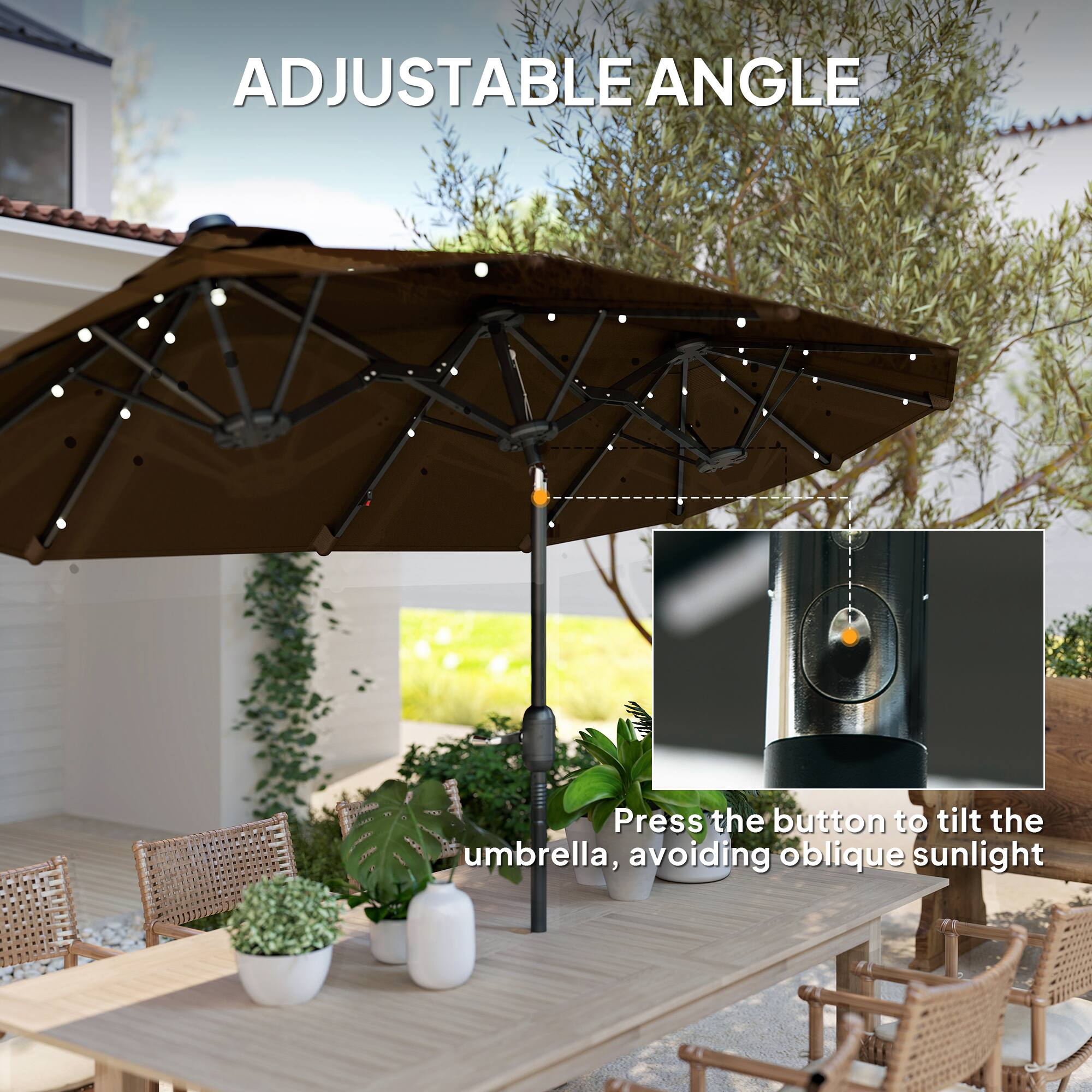 ADJUSTABLE ANGLE
Press the button to tilt the umbrella, avoiding oblique sunlight