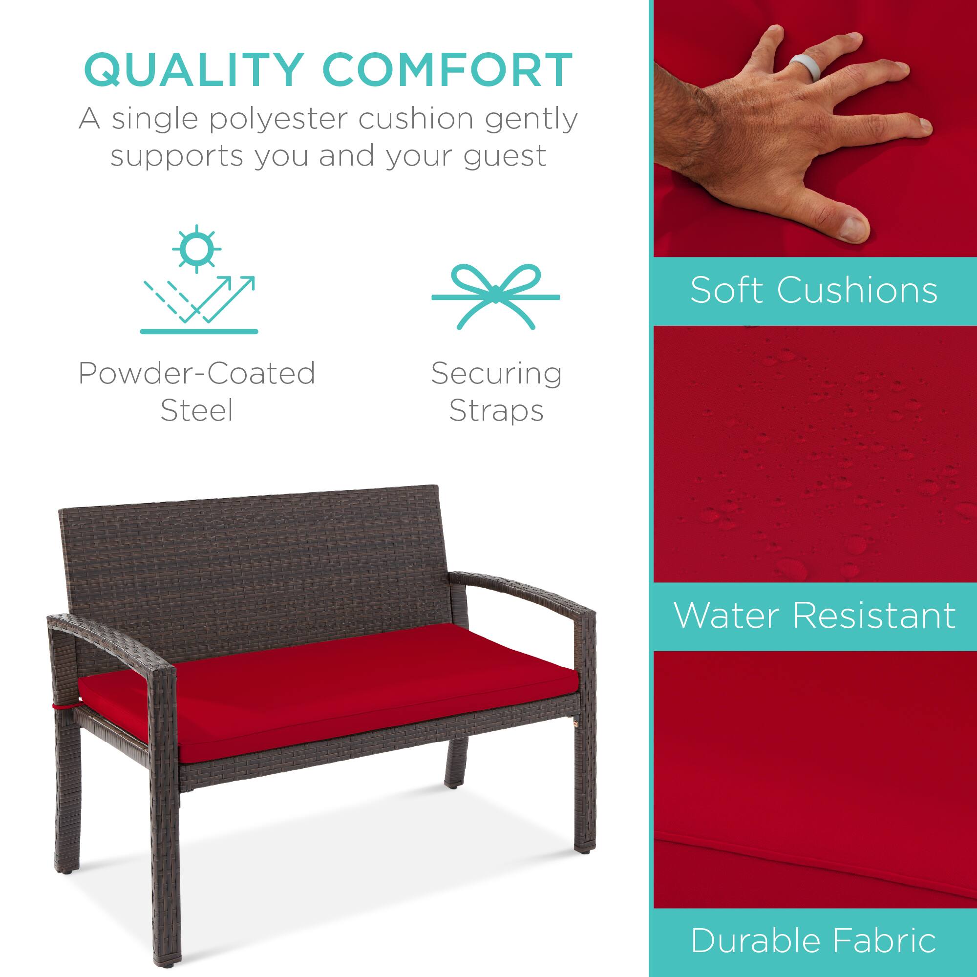 QUALITY COMFORT  
A single polyester cushion gently supports you and your guest  

Powder-Coated Steel  
Securing Straps  

Soft Cushions  
Water Resistant  
Durable Fabric