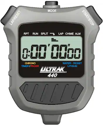 LAP/RESET RPT MODE START/STOP RUN SPLIT LAP CHIME ALM 0:00'00.00 CHRONO TIMER/PACER ULTRAK 440 WATER-RESIST LITHIUM