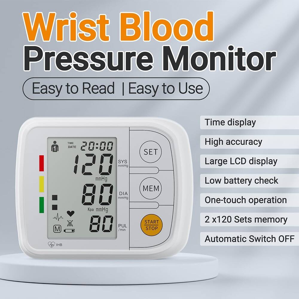 Wrist Blood Pressure Monitor  
Easy to Read | Easy to Use  

- Time display  
- High accuracy  
- Large LCD display  
- Low battery check  
- One-touch operation  
- 2 x120 Sets memory  
- Automatic Switch OFF  

Time display: 20:00  
SYS: 120 mmHg  
DIA: 80 mmHg  
PUL: 80 /min  
IHB  
SET  
MEM  
START/STOP