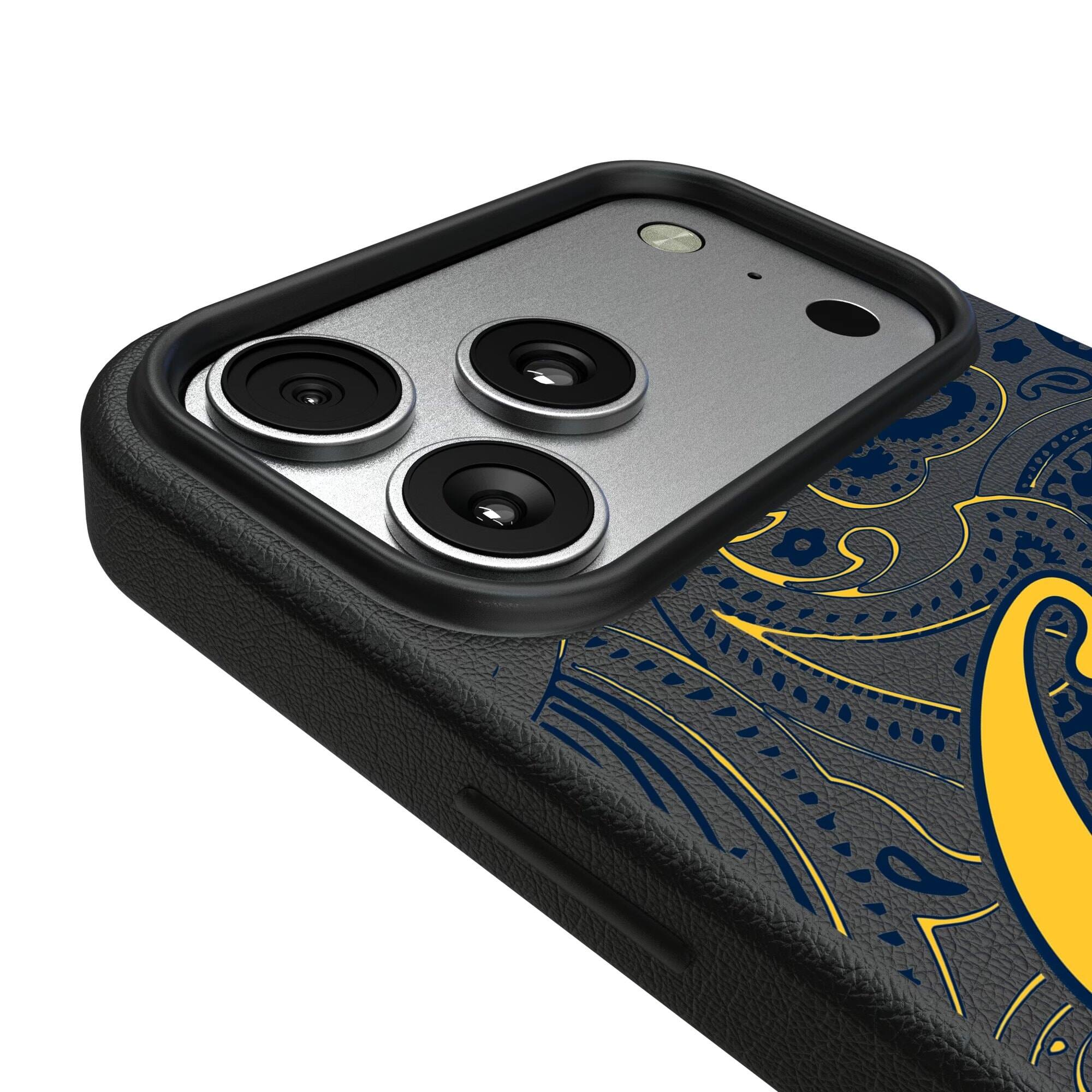 Alt View 2. Keyscaper - Cal Bears Paisley iPhone Magnetic Bump Case - 15 Pro - Black.