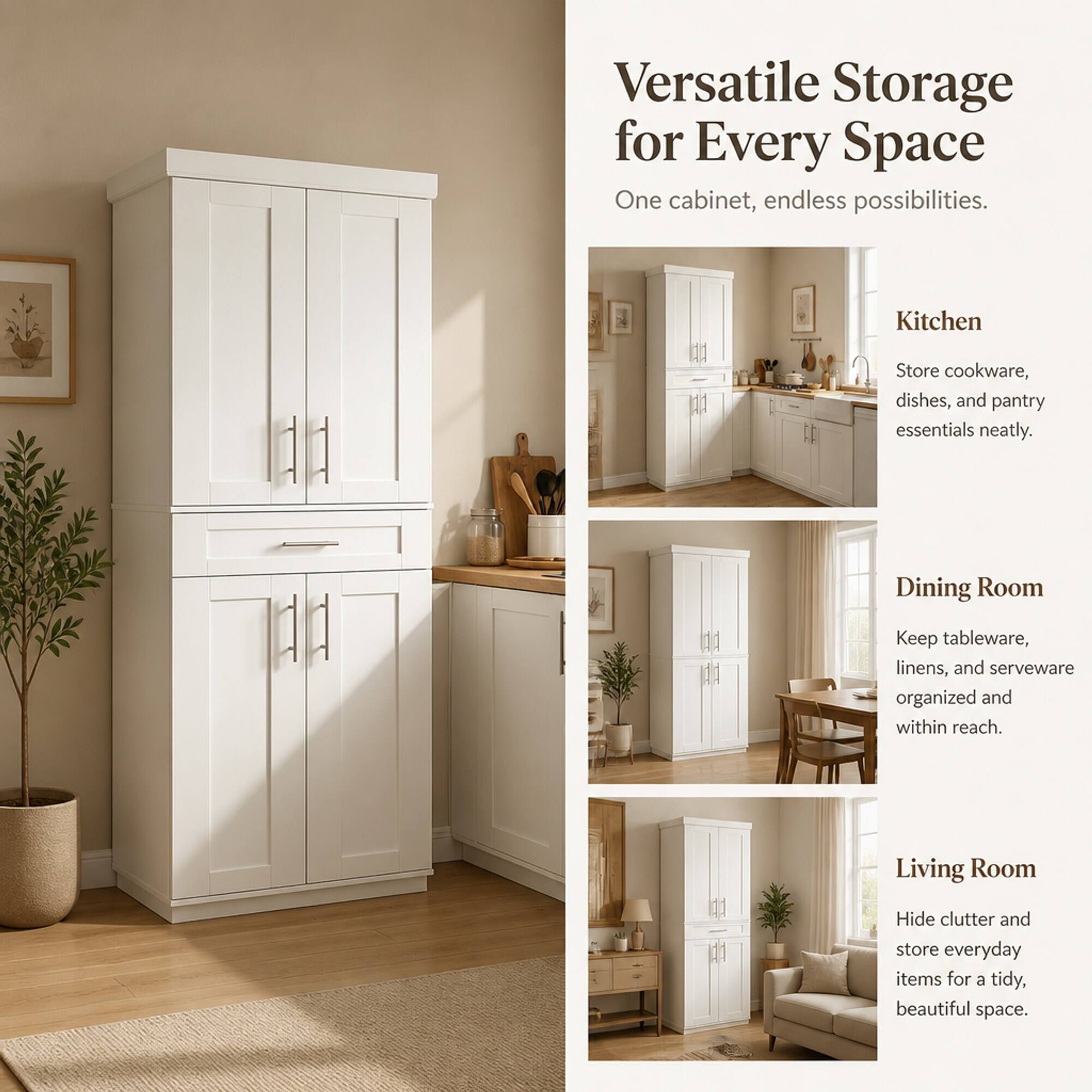 Versatile Storage for Every Space  
One cabinet, endless possibilities.

Kitchen  
Store cookware, dishes, and pantry essentials neatly.

Dining Room  
Keep tableware, linens, and serveware organized and within reach.

Living Room  
Hide clutter and store everyday items for a tidy, beautiful space.