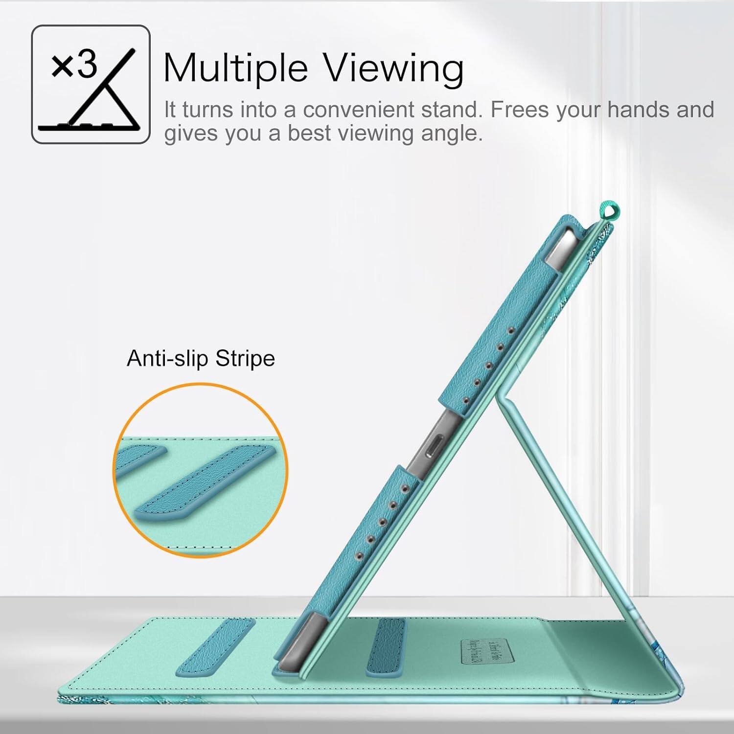 Multiple Viewing  
It turns into a convenient stand. Frees your hands and gives you a best viewing angle.  

Anti-slip Stripe