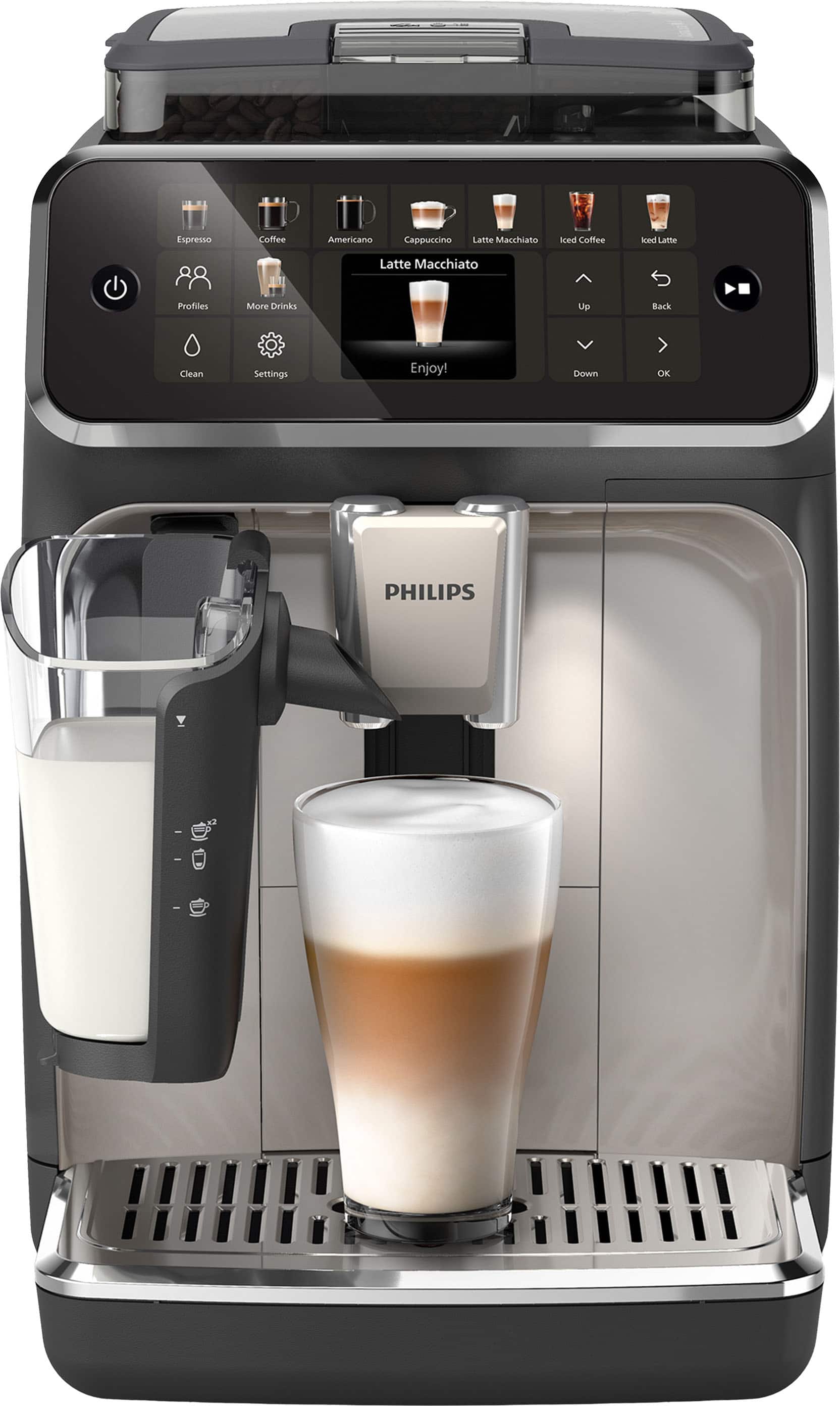 Espresso
Coffee
Americano
Cappuccino
Latte Macchiato
Iced Coffee
Iced Latte
Profiles
More Drinks
Clean
Settings
Up
Back
Down
OK
Enjoy!
PHILIPS