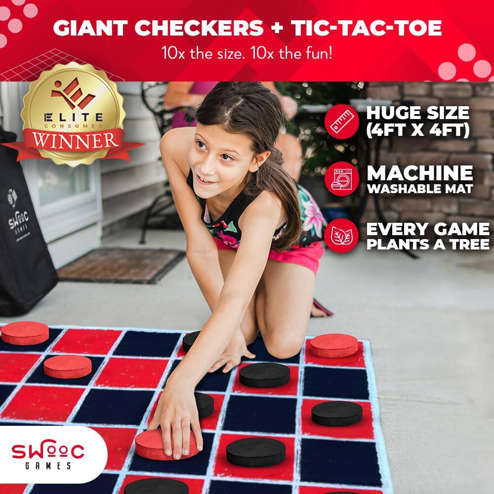 GIANT CHECKERS + TIC-TAC-TOE  
10x the size. 10x the fun!  

ELITE CONSUMER WINNER  

HUGE SIZE (4FT X 4FT)  
MACHINE WASHABLE MAT  
EVERY GAME PLANTS A TREE  

SWOEC GAMES