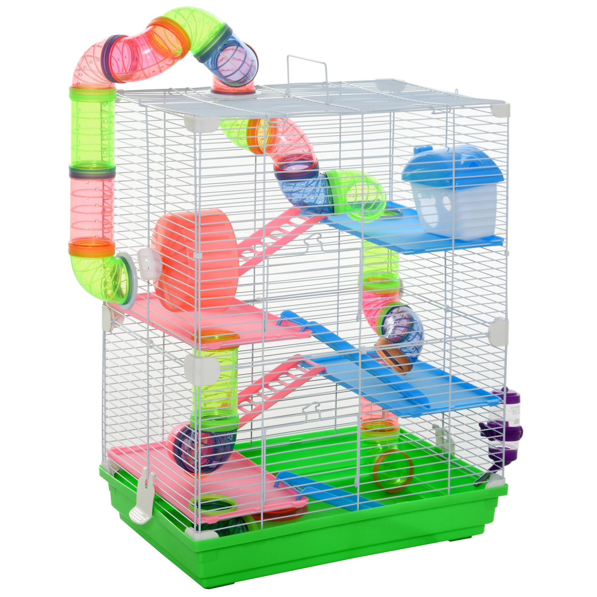 Front. Pawhut - 18" 5-Tier Hamster Cage with Tubes, Tunnels, Exercise Wheel, Water Bottle, Food Dish & Portable Carry Handle for Gerbils.