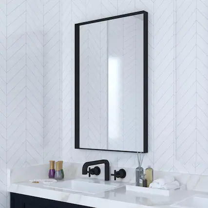 Front. VEGA AUTOMOTIVE - Metal Framed Bathroom Mirror For Wall 24 X Square Corner Rectangle Vanity Modern Farmhouse 1 4 inch Shatter - Black 26"L x 18"W.