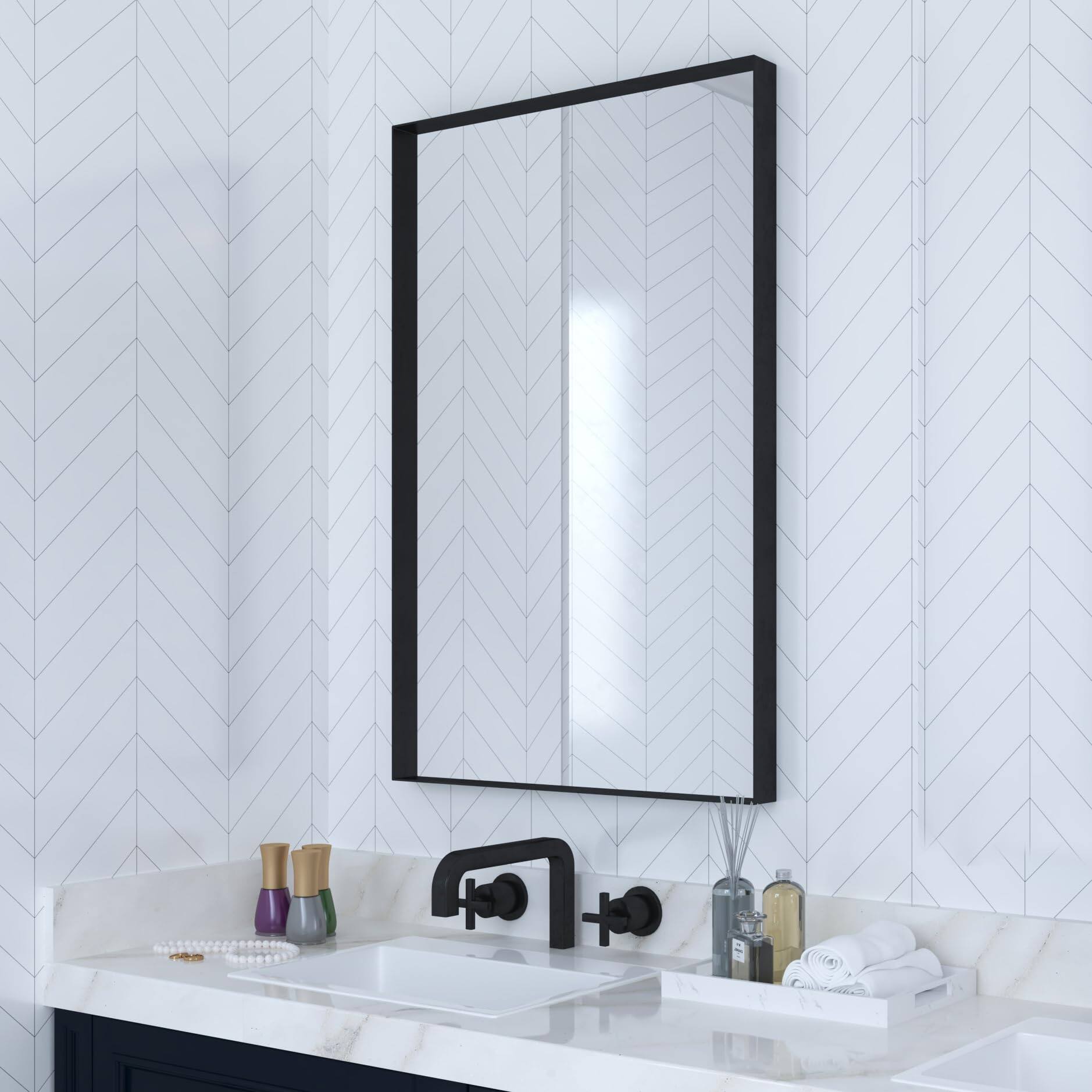 Front. VEGA AUTOMOTIVE - Metal Framed Bathroom Mirror For Wall 24 X Square Corner Rectangle Vanity Modern Farmhouse 1 4 inch Shatter - Black 26"L x 18"W.