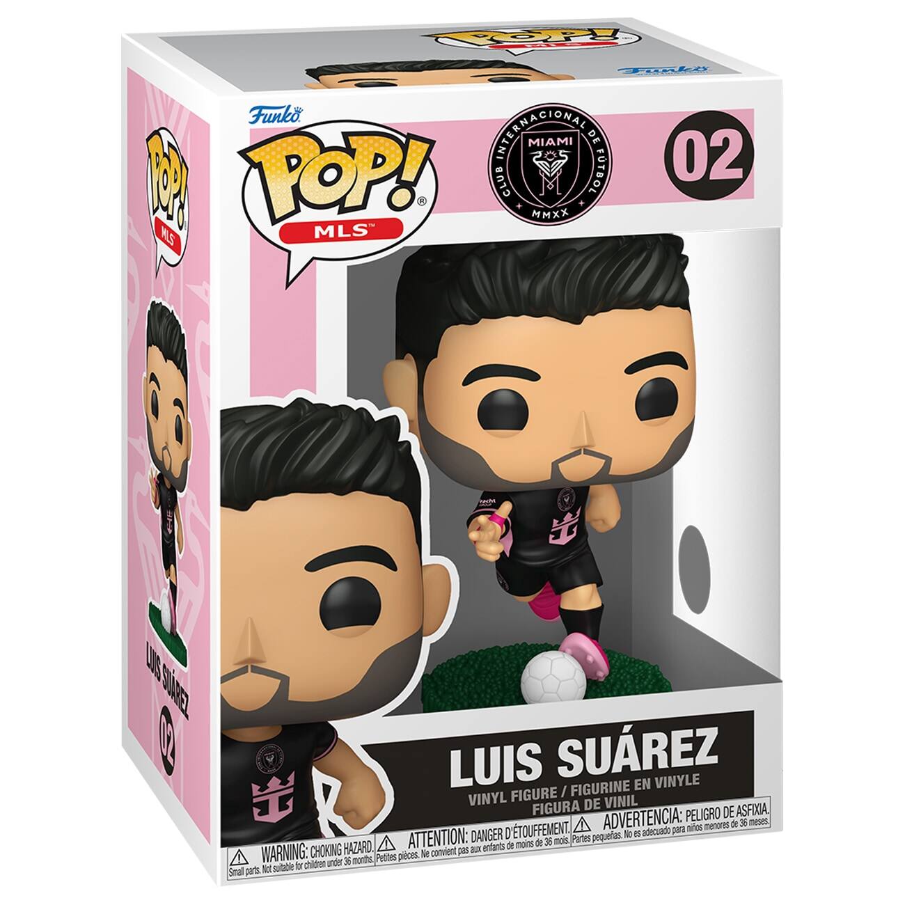 The text on the image is:

"Funko POP! MLS Miami FC 02 Luis Suarez Vinyl Figure / Vinyl de Vinil Figura Peligro de Asfixia / Danger of Suffocation. Warning: Choking Hazard. Not suitable for children under 36 months. Attention: Pequeñas piezas. Convient p chidren under 36 months Not suitable for children under 36 months. Small parts."