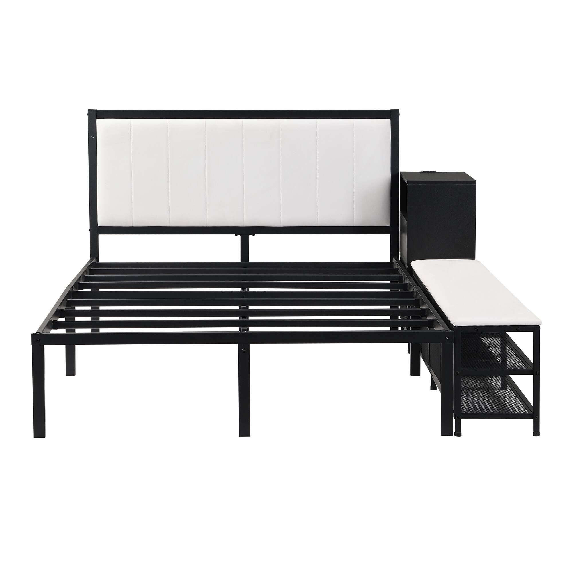 Left. Tiramisubest - Full size Metal Platform Bed with Two-Tier Storage Shelves, Wooden Storage Cabinet, Black - Black.
