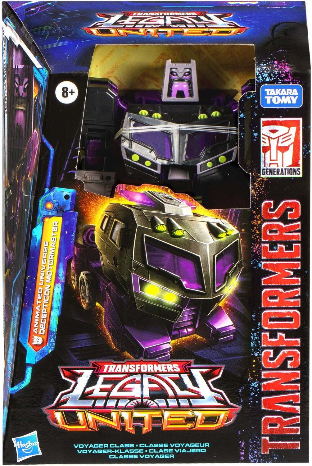 The text on the image is:

"Transformers: The Last Knight - Generations Universe Motormaster Animated Decepticon. Transformers: JESN! United. Hasbro Voyager Class - Classe Voyageur - Voyager-Klasse - Clase Viajero - Classe Voyageur."

Corrected and grouped:

"Transformers: The Last Knight - Generations Universe Motormaster Animated Decepticon. Transformers: JESN! United. Hasbro Voyager Class - Classe Voyageur - Voyager-Klasse - Clase Viajero - Classe Voyageur."