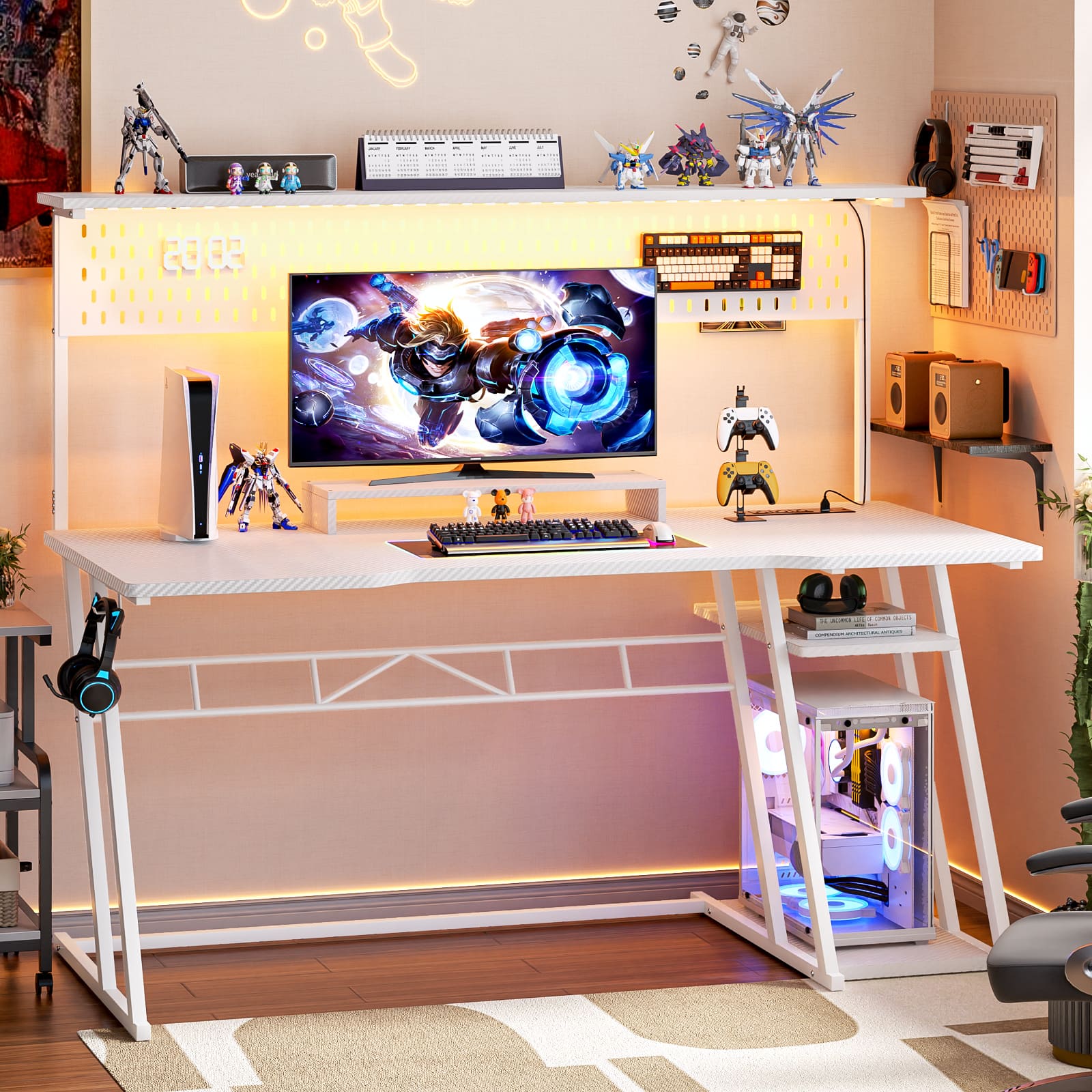 Aheaplus - Gaming Table with Hutch and LED Lights, 53.2'' Computer Gaming Desk with Power Outlets and CPU Stand - White