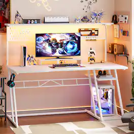 Aheaplus - Gaming Table with Hutch and LED Lights, 53.2'' Computer Gaming Desk with Power Outlets and CPU Stand - White