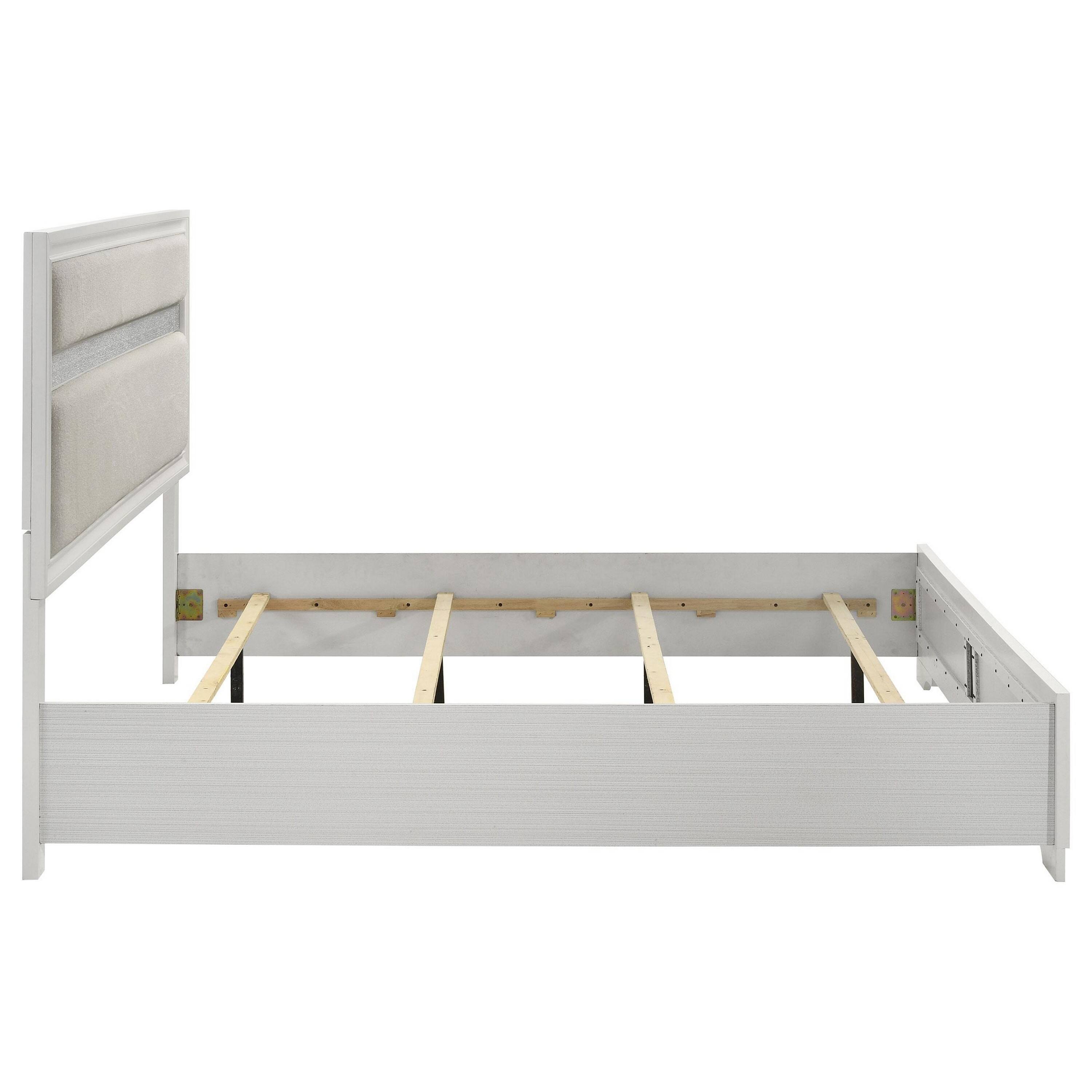 Alt View 3. Manhattan Lane - Vino King Size Bed, Panel Headboard, White Upholstery, Glitter Stripes - White.