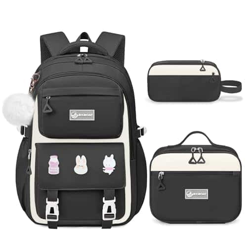 Pacoar Cade - Backpacks For - Cute Backpack Elementary Middle And High School Students 18" Bookbag - Black-white-backpack Set