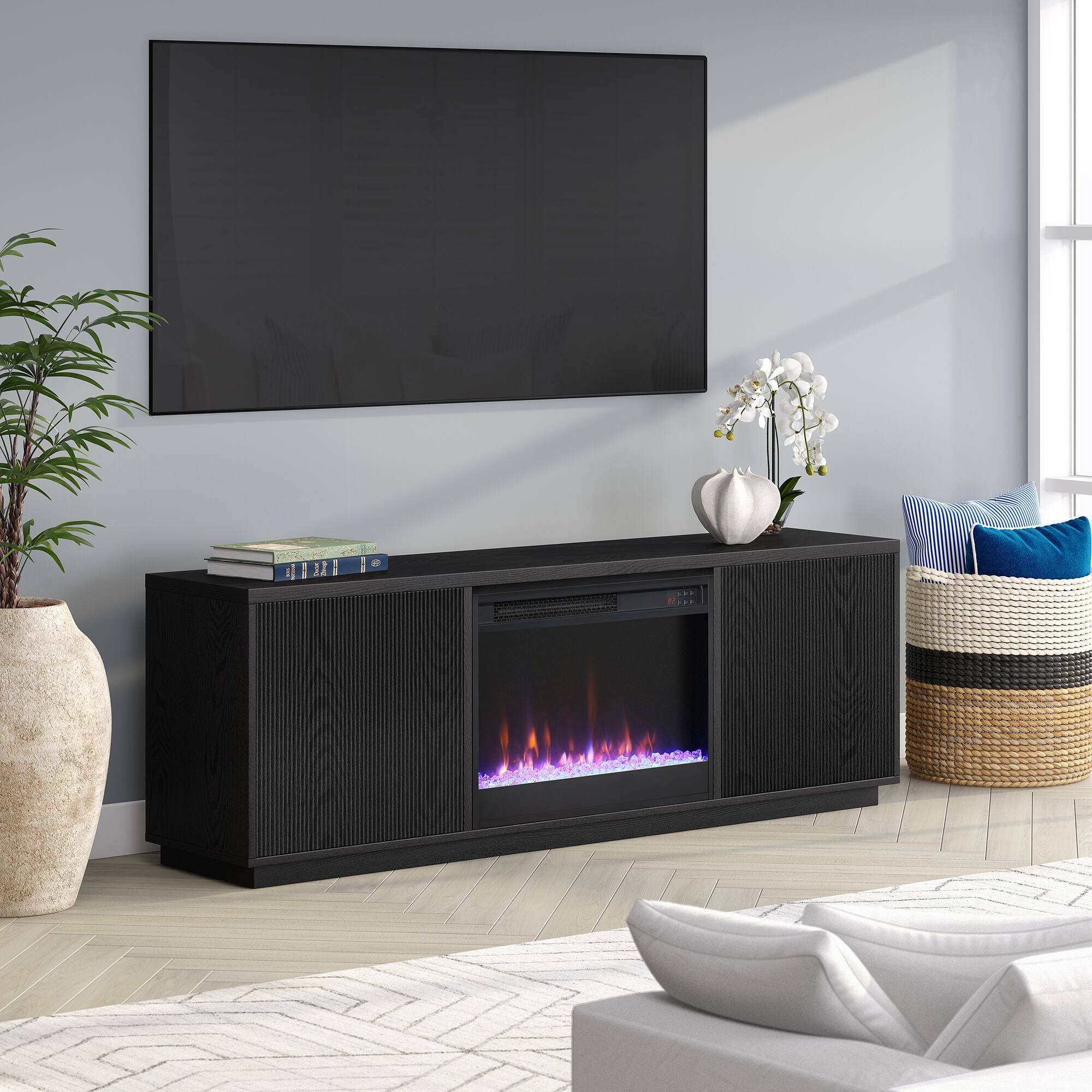 Alt View 3. Hudson&Canal - Hanson Rectangular Fluted TV Stand with 26" Crystal Fireplace for TV's up to 75" in Black Grain - Black Grain.
