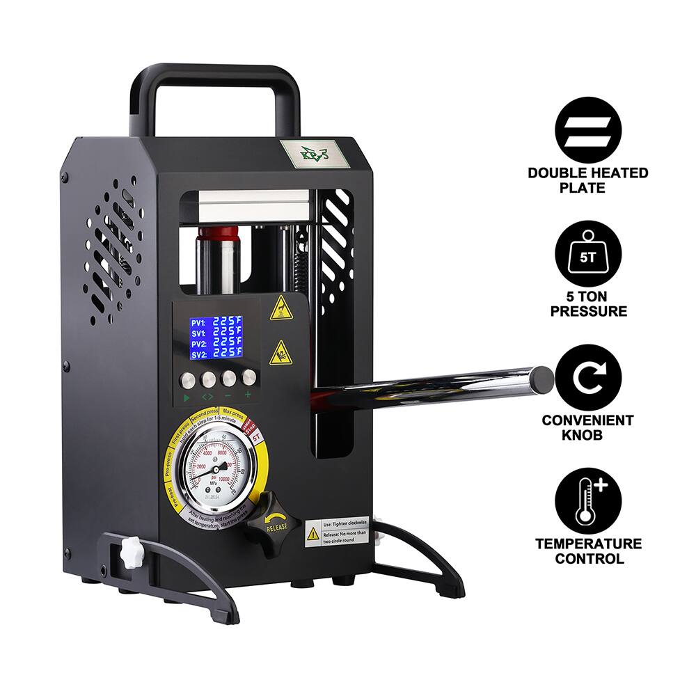KP-3 = DOUBLE HEATED PLATE  
5T  
PVt: 225F  
SVt: 225F  
PV2: 225F  
SV2: 225F  

- 5 TON PRESSURE  
- CONVENIENT KNOB  
- TEMPERATURE CONTROL  

DOUBLE HEATED PLATE  
5 TON PRESSURE  
CONVENIENT KNOB  
TEMPERATURE CONTROL
