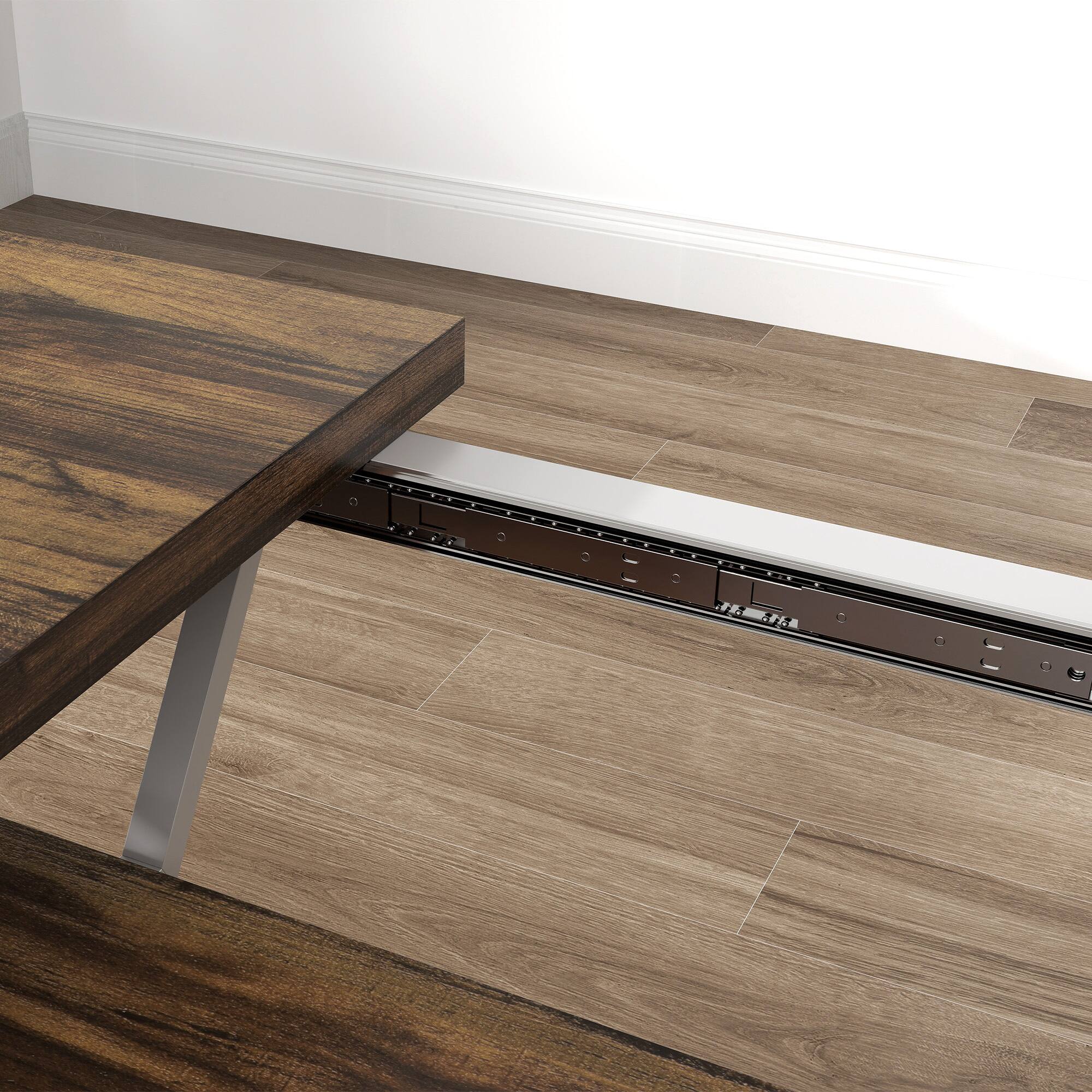 Alt View 7. Homcom - 47"-63" Expandable Dining Table for 4-6 People, Farmhouse Extendable Dining Room Table with Metal Trestle Base - Distressed Brown.