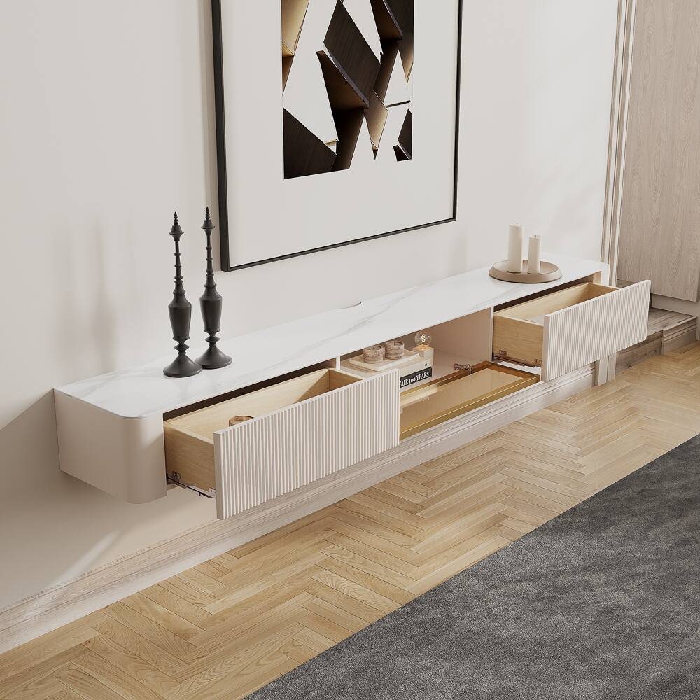 Angle. POVISON - 78.7" Modern Minimalist Floating TV Stand, Fluted TV Console, Glossy Sintered Stone,Hardware Handles, Beige TV Console - Beige.
