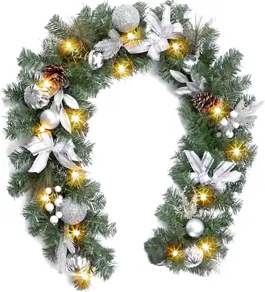 Front. Acekool - 6FT Lighted Christmas Garland for Front Door, Artificial Pre-Lit Christmas Garland Decoration - Silver.
