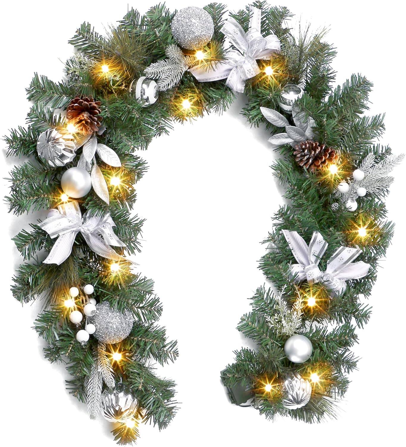 Front. Acekool - 6FT Lighted Christmas Garland for Front Door, Artificial Pre-Lit Christmas Garland Decoration - Silver.