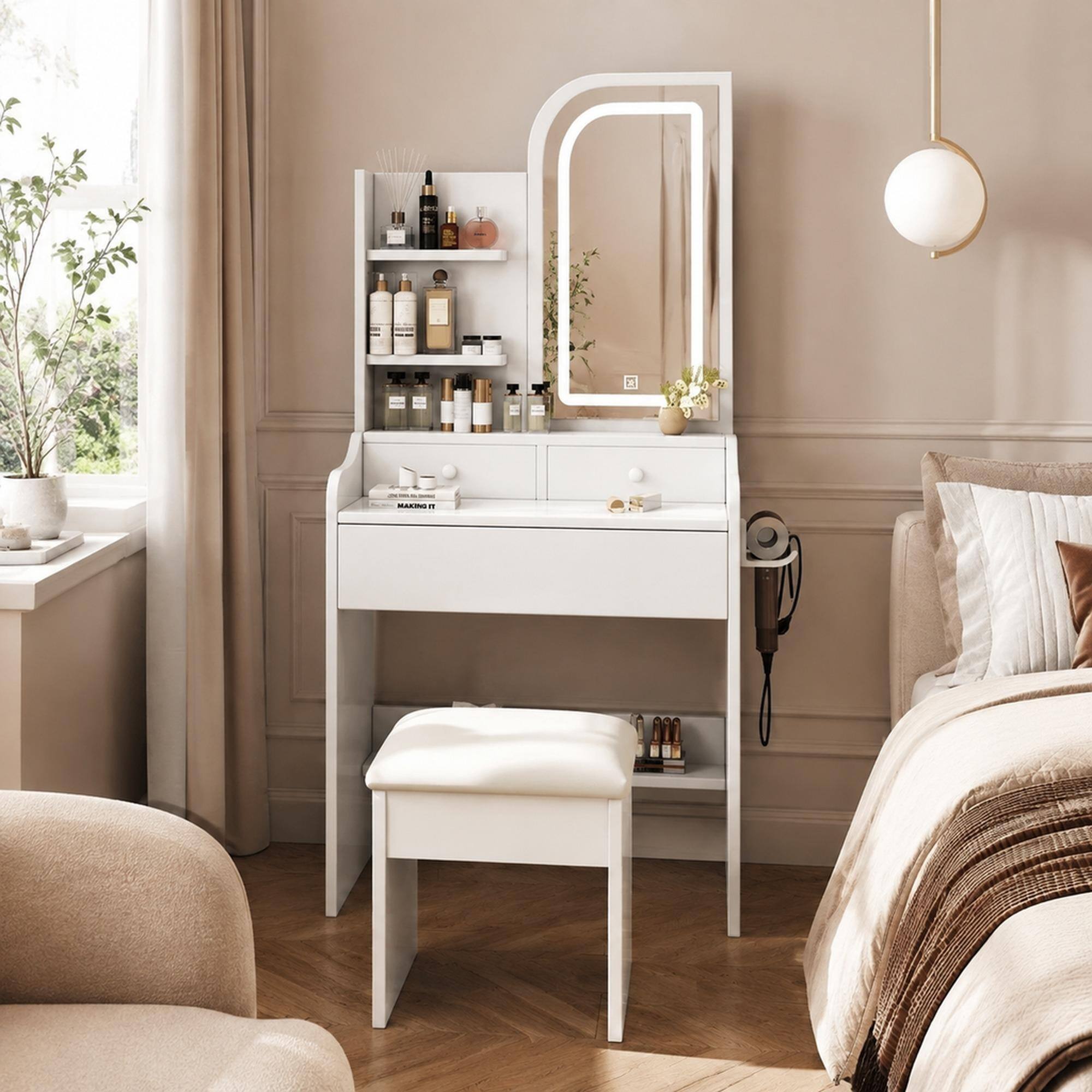 Front. RYHNUYNE - White Vanity Desk Set, MDF Makeup Table with Lighted Mirror and Chair, 3 Drawers, 3 Color Modes - White.