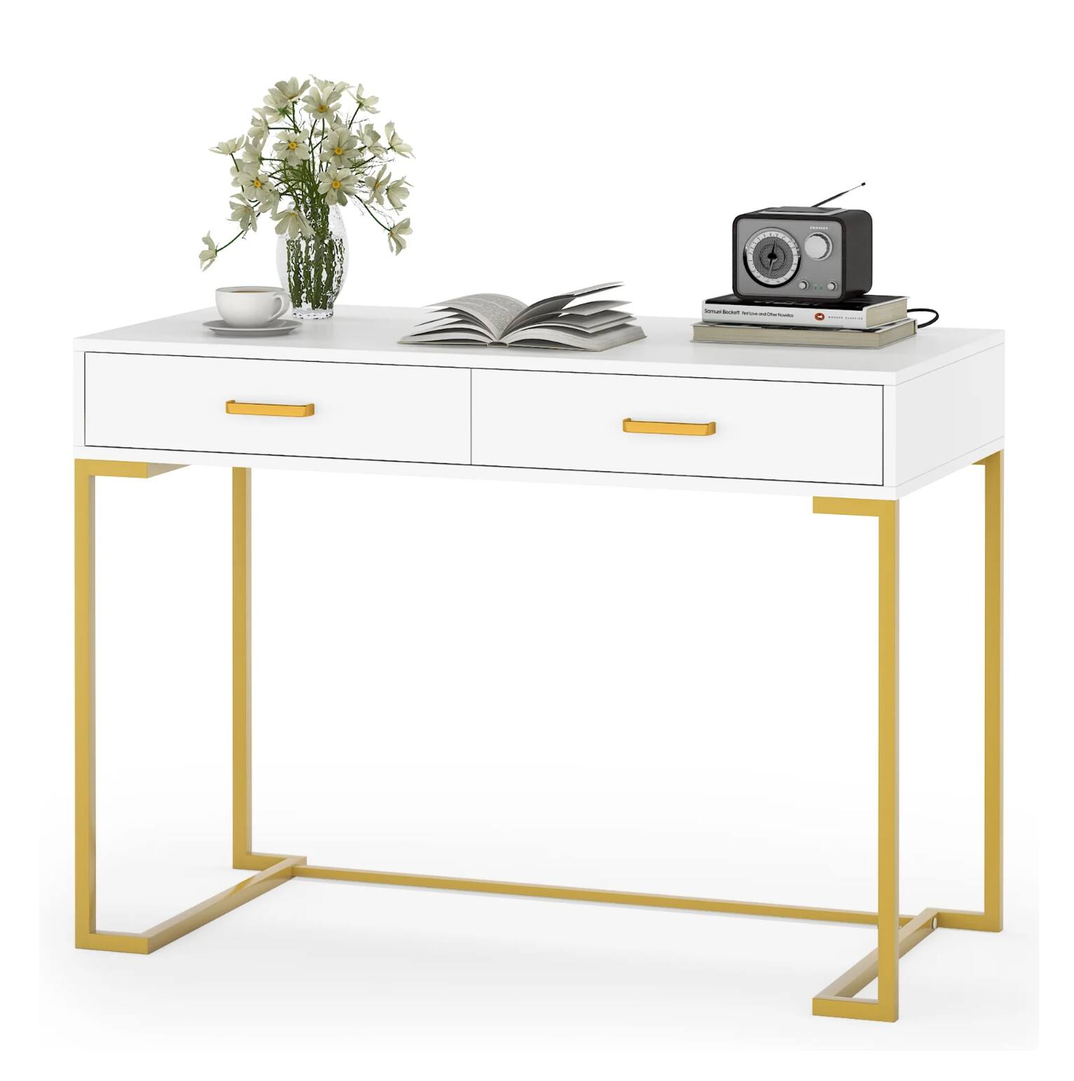 Alt View 2. APRILSOUL - 40in White and Gold Computer Desk with 2 Drawers Modern Office Desk Compact Writing Table Metal Frame Minimalist Style - White+Gold.