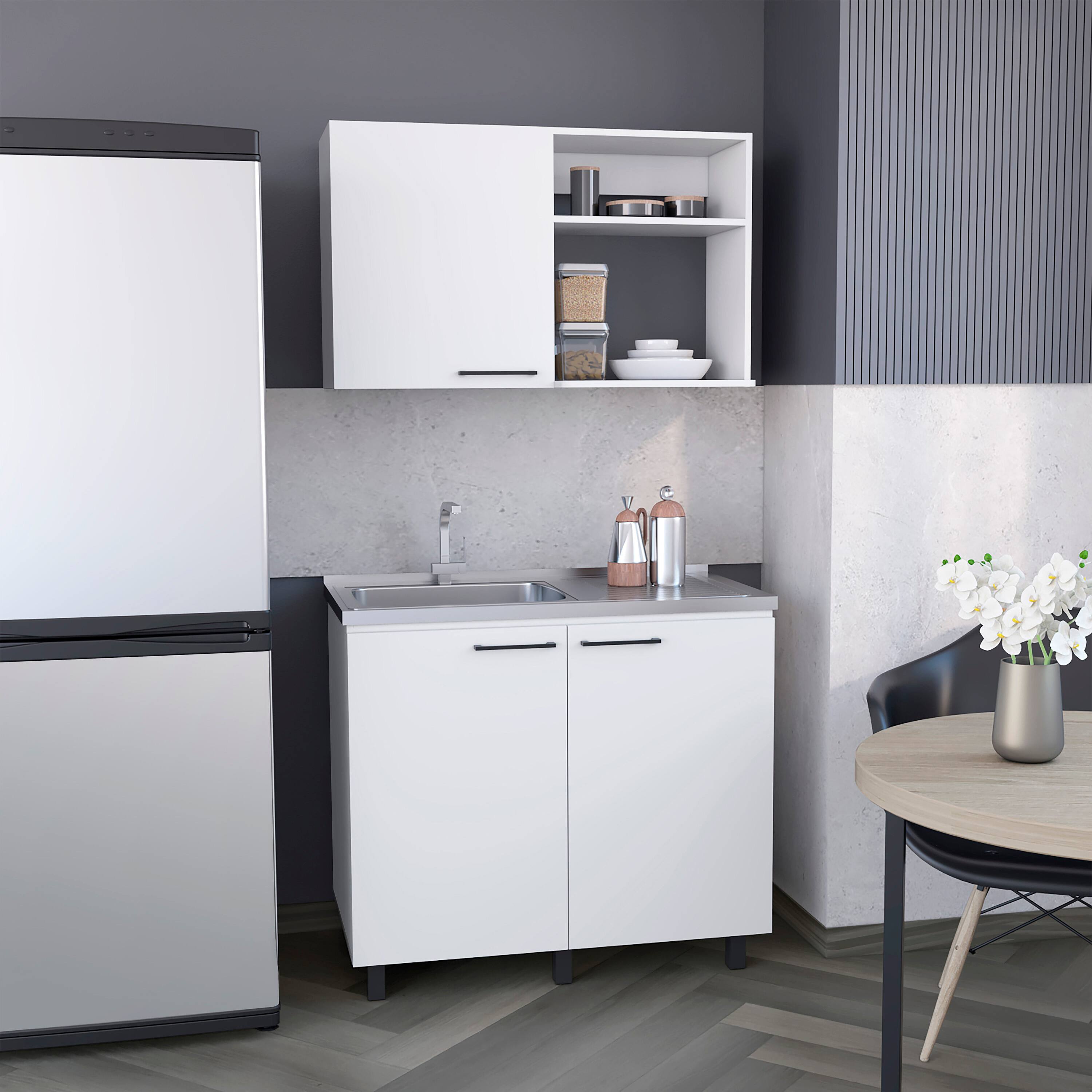 Left. TinyHomie - Alexandria 2 Piece White Kitchen Set Wall Cabinet   Utility Sink - White.