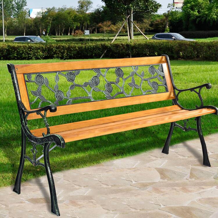 Left. Mondawe - 49.5 Inch Patio Park Garden Porch Chair Bench with Cast Iron and Solid Wood - Brown.