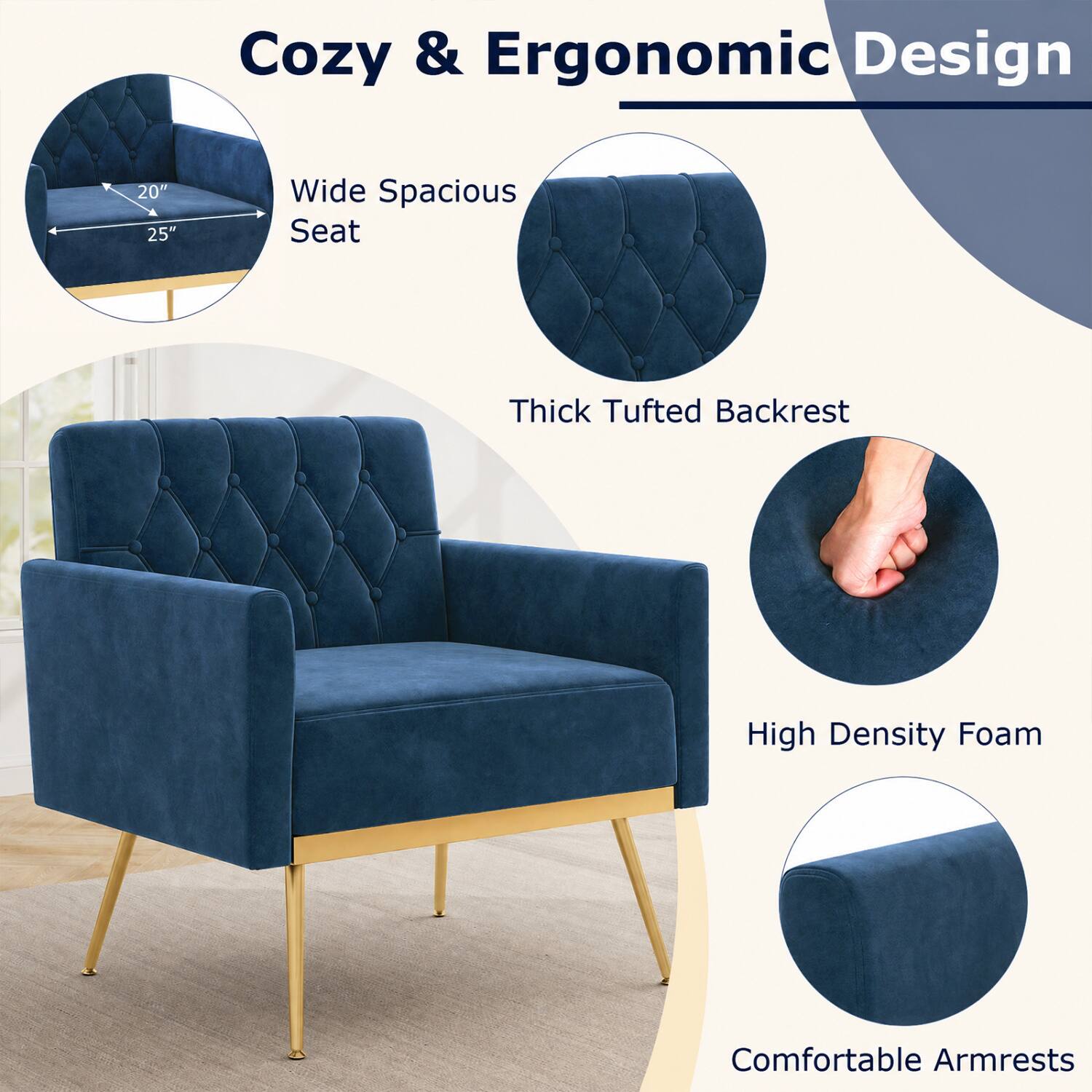 Cozy & Ergonomic Design

- Wide Spacious Seat
- Thick Tufted Backrest
- High Density Foam
- Comfortable Armrests