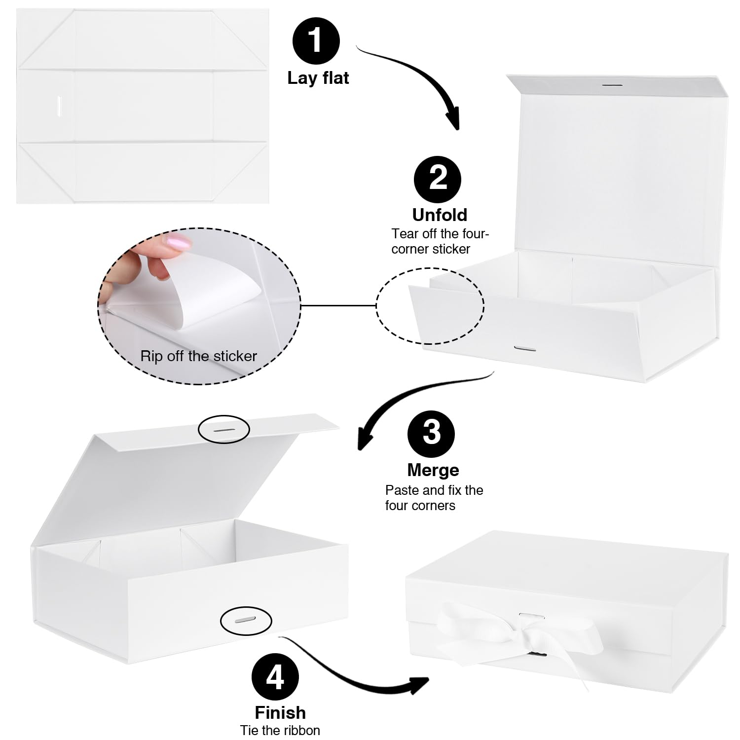 1. Lay flat  
2. Unfold  
   - Tear off the four-corner sticker  
   - Rip off the sticker  
3. Merge  
   - Paste and fix the four corners  
4. Finish  
   - Tie the ribbon